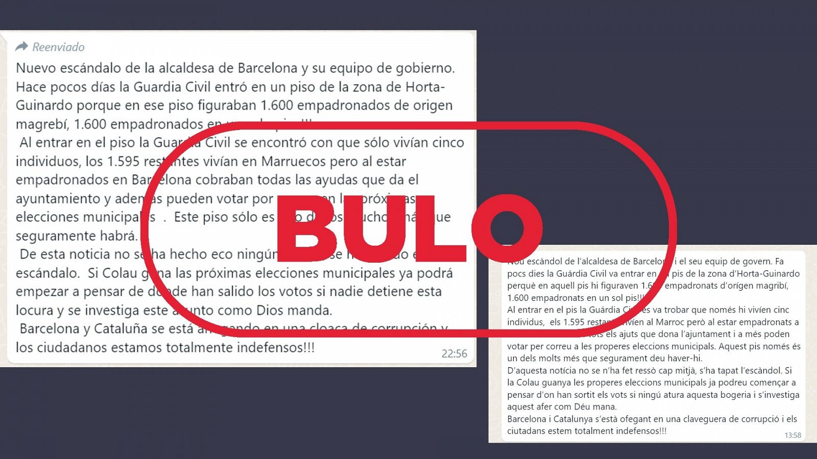 Mensajes de WhatsApp en catalán y castellano que difunden el bulo de los 1600 magrebíes empadronados en un piso de Barcelona, con el sello 'bulo' en rojo