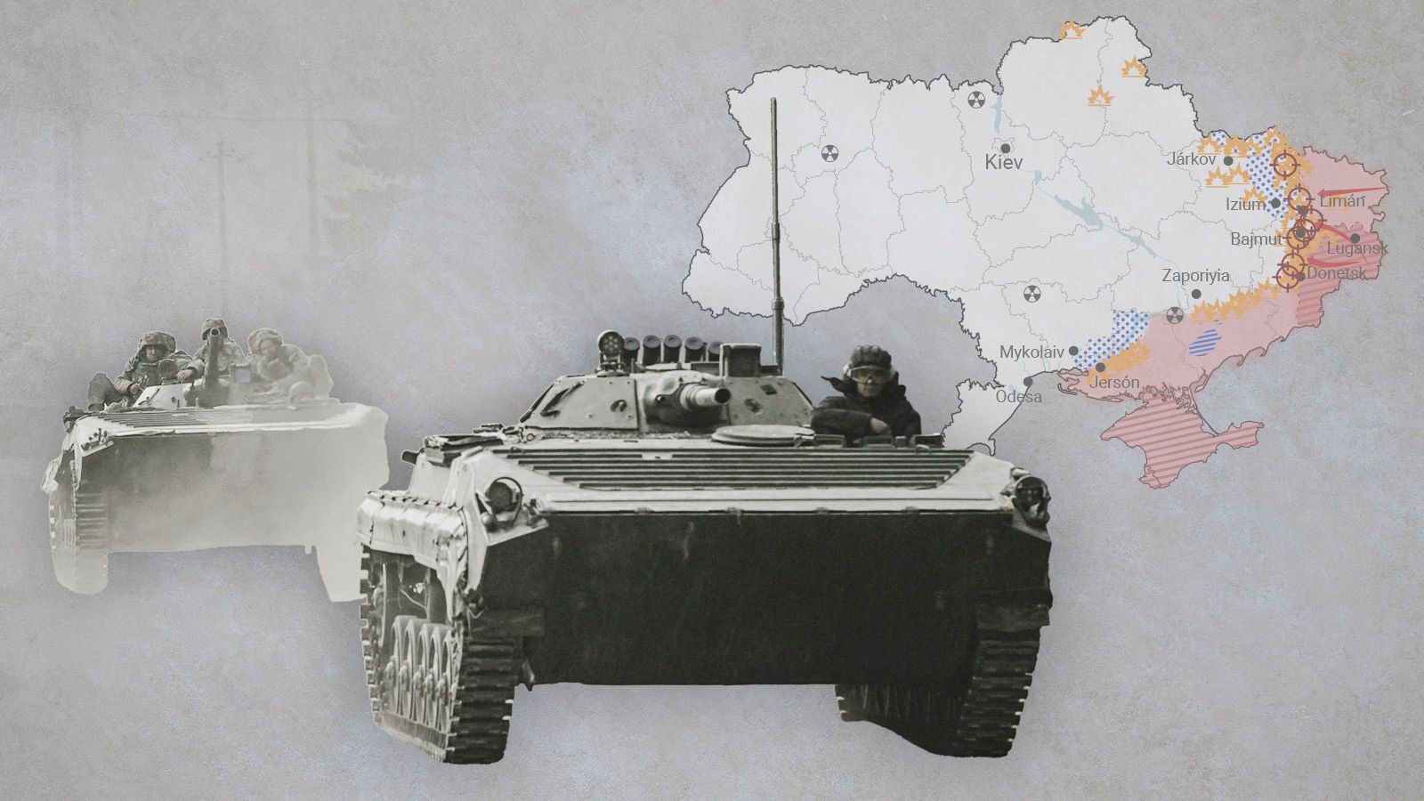 Militares ucranianos se dirigen hacia Bajmut en vehículos de combate de infantería BMP, en el este de Ucrania, el 22 de marzo de 2023.