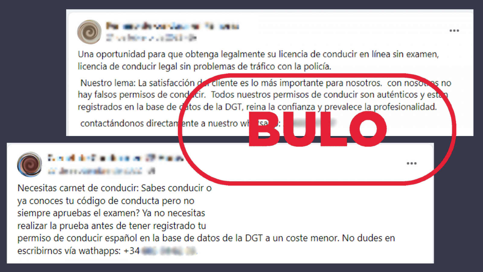 Publicaciones de Facebook que comparten una estafa que ofrece conseguir el carnet de conducir en España "en 72 horas", con el sello 'bulo' en rojo