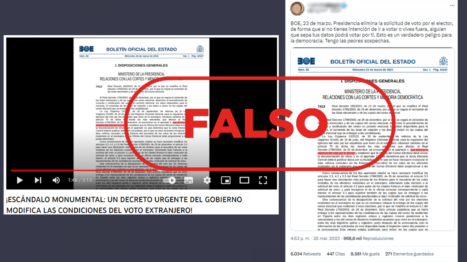 Vídeo de YouTube y mensaje de Twitter que difunden desinformación sobre la supresión del voto rogado, con el sello 'Falso' en rojo