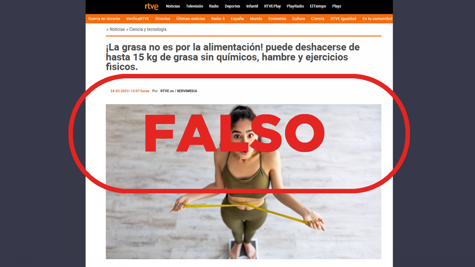 Página web que suplanta el portal de RTVE.es para promocionar la venta de un falso remedio para adelgazar, con el sello 'Falso' en rojo