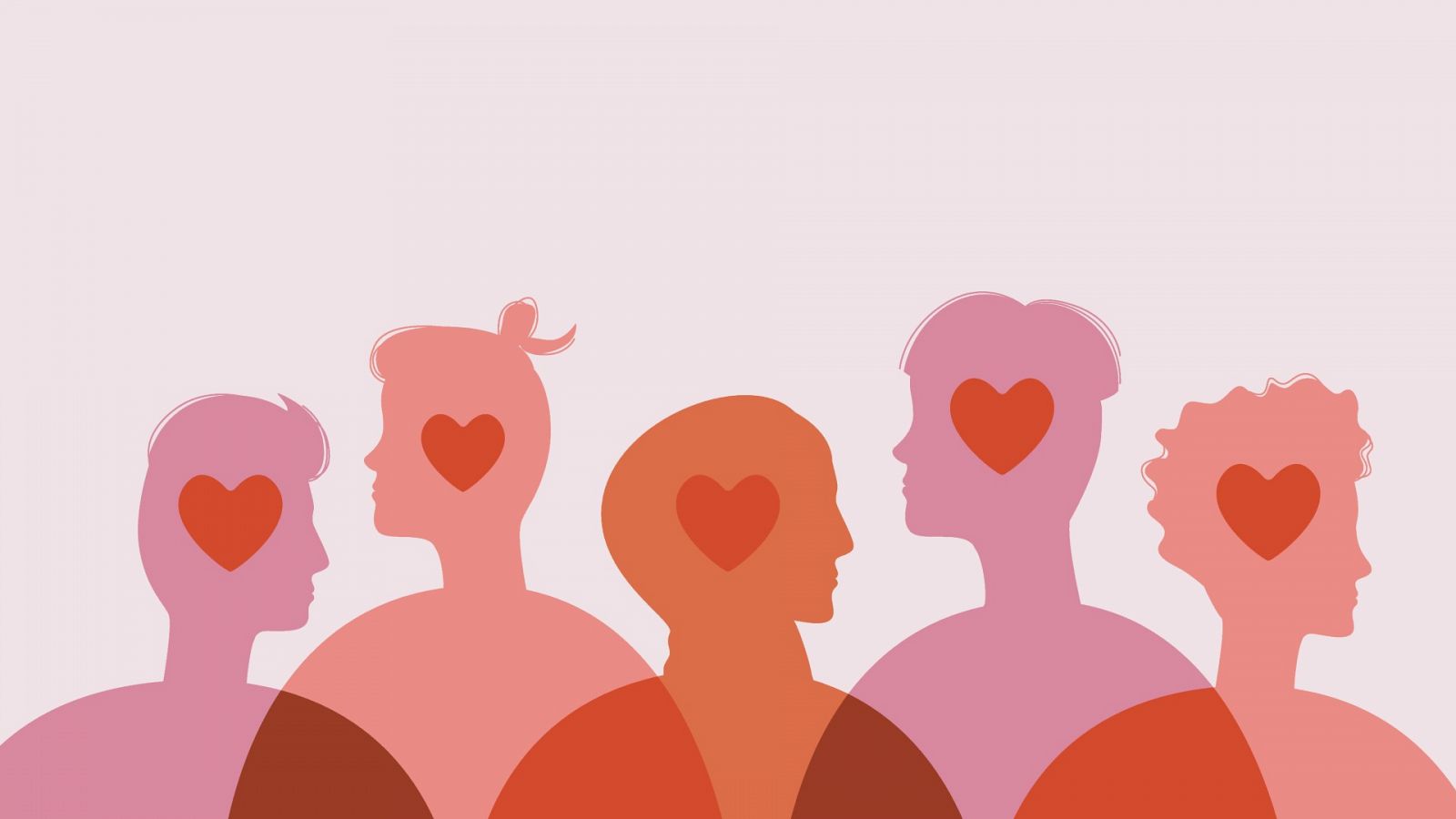 Poliamor y relaciones abiertas: lustración de un grupo de siluetas de personas con corazones en sus cabezas