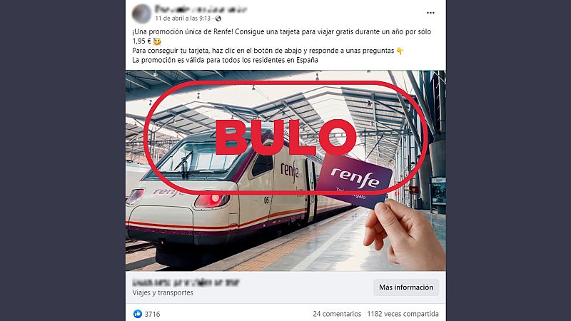 Publicación en Facebook que suplanta a Renfe para publicitar el falso sorteo de una tarjeta para viajar gratis durante un año. Con el sello bulo en rojo.