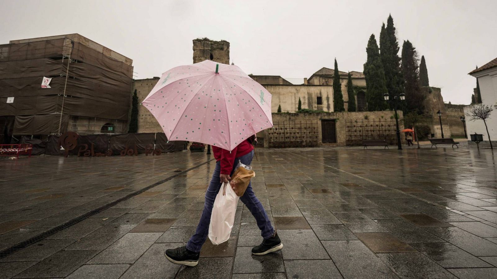 Una persona camina tapándose de la lluvia con un paraguas en Palma del Río (Córdoba)