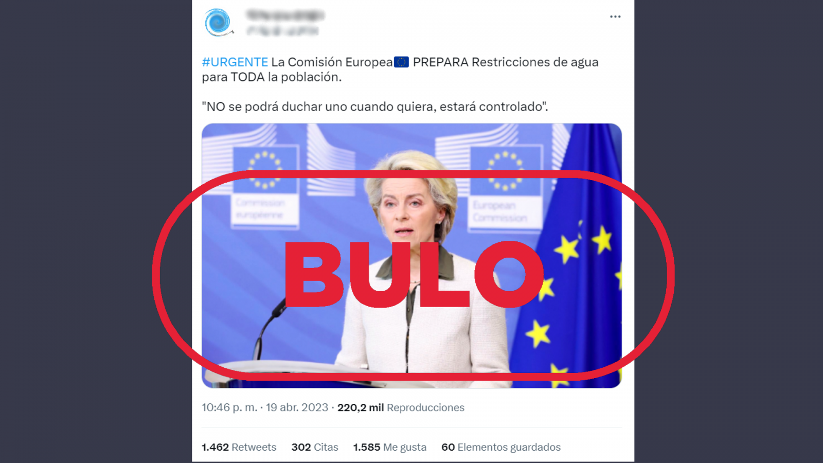 Tuit que difunde el bulo de que la Comisión Europea prepara restricciones de agua para toda la población, con el sello 'bulo' en rojo