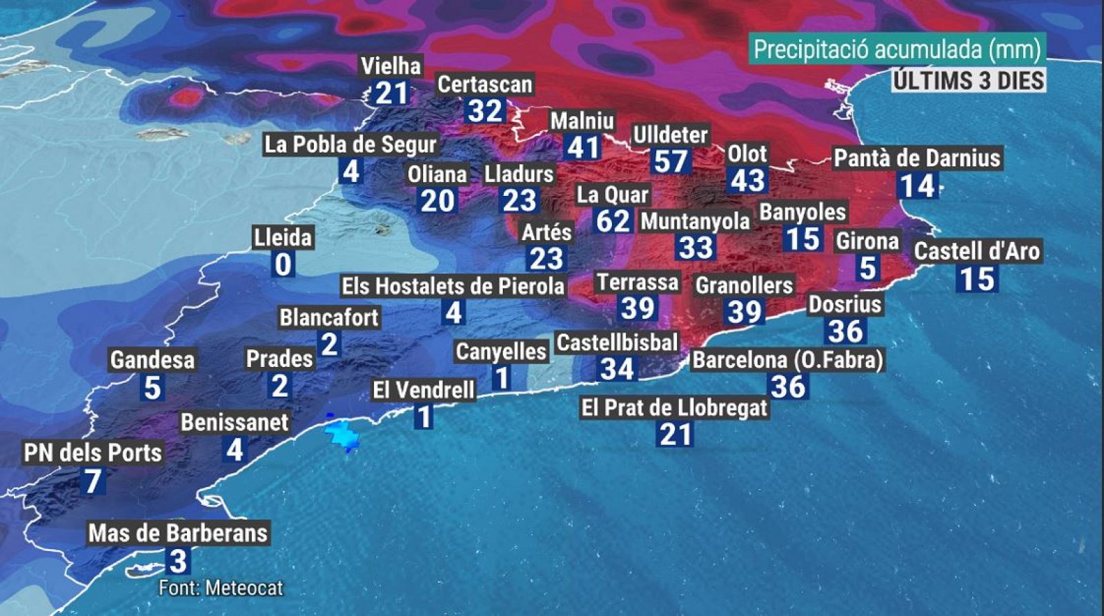 Precipitació acumulada (mm) durant entre el 29 d'abril i 1 de maig