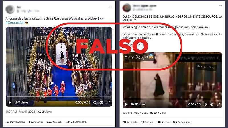 Tuits que difunden la falsa idea de una aparición de "la muerte" durante la retransmisión de la coronación del rey Carlos III. Con el sello falso en rojo.