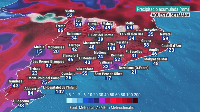 Precipitació acumulada (mm) entre dilluns i divendres al matí