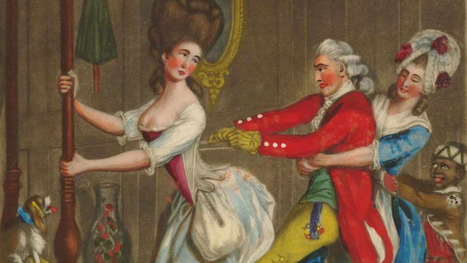 Pintura satírica sobre la complicación de apretar el corsé. Museo Británico.