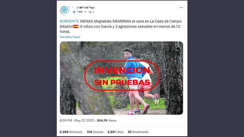 El tuit que atribuye delitos sexuales a menores migrantes no acompañados en Madrid de los que no hay pruebas, con el sello 'Invención Sin Pruebas' en rojo