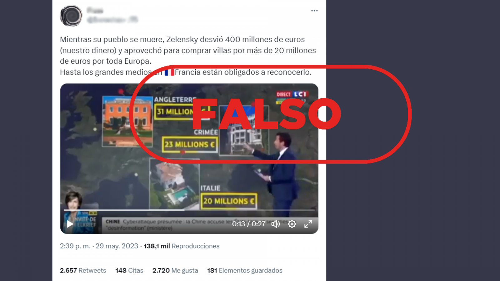 Mensaje de Twitter que difunde la falsa idea de que la televisión francesa LCI acusa a Zelenski de malversación.Con el sello falso en rojo.