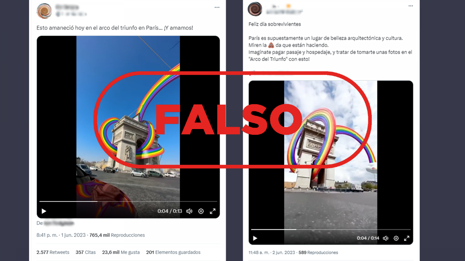 Mensajes de Twitter que difunden la falsa idea de que el Arco del Triunfo de París está decorado con un arcoíris gigante, con el sello falso de VerificaRTVE