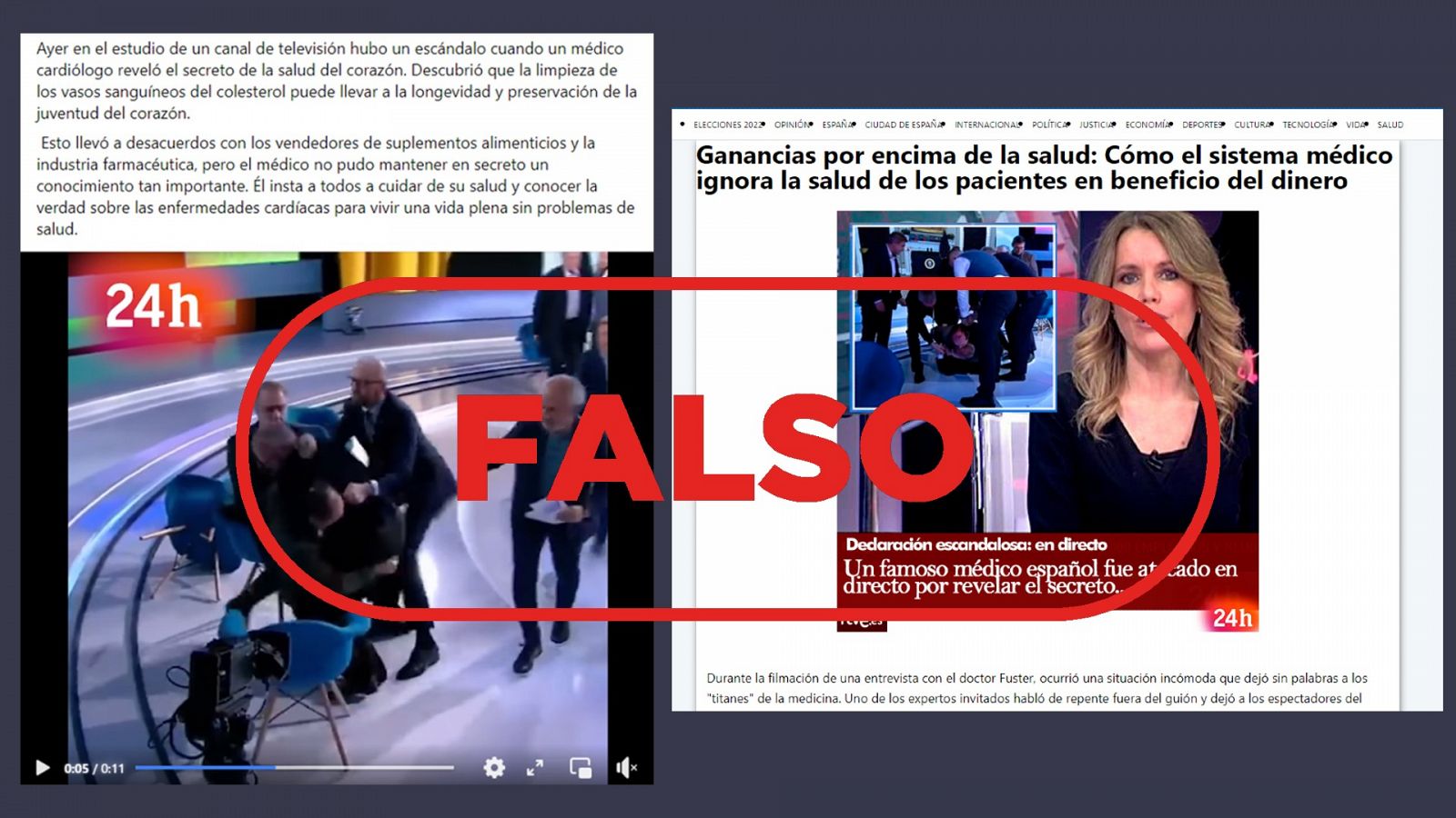 Captura del vídeo y la web que suplantan a RTVE para promocionar un falso medicamento.