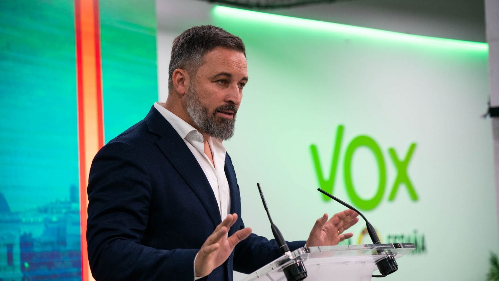 Santiago Abascal, presidente de Vox, en una rueda de prensa