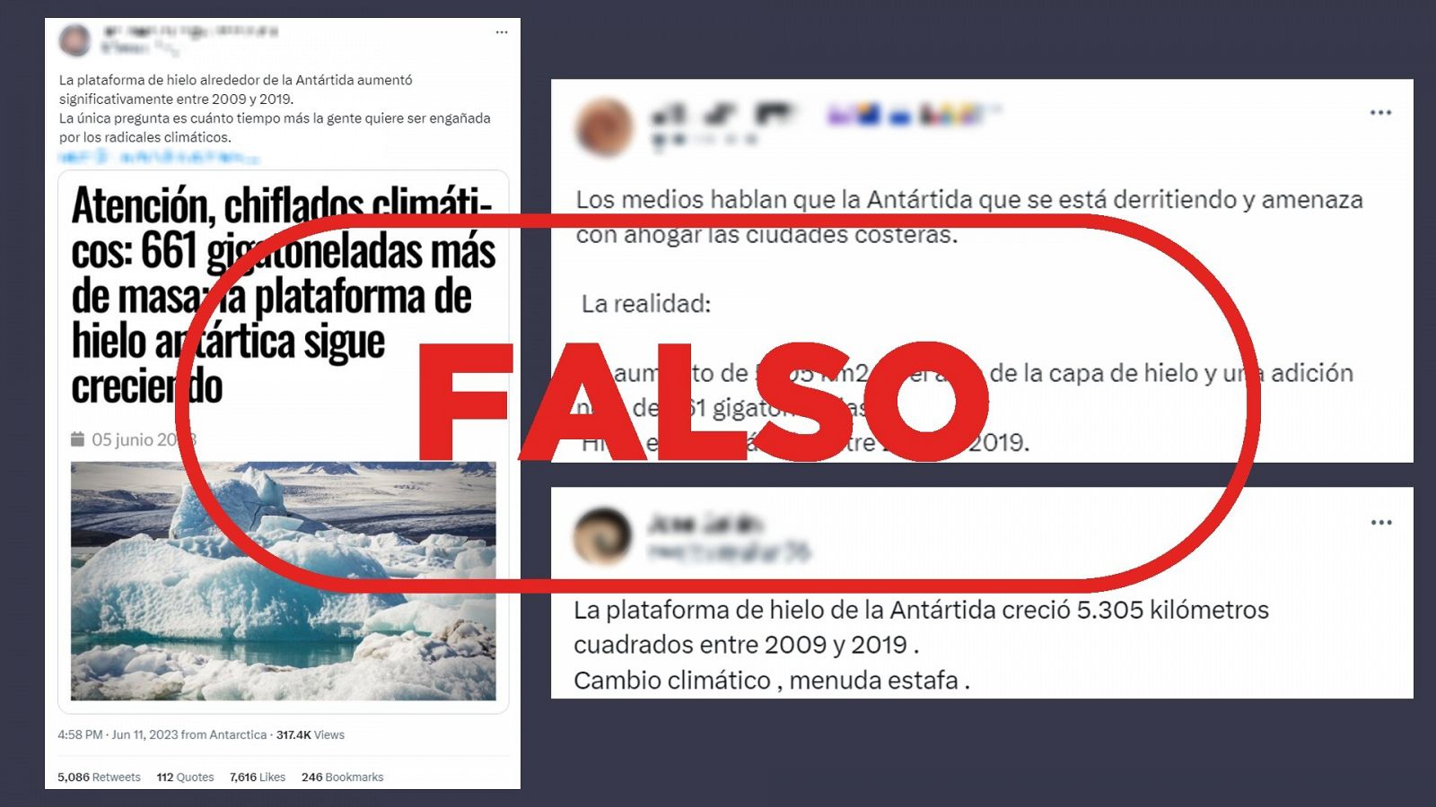 Mensajes de redes que usan un estudio sobre la plataforma de hielo en la Antártida para negar el cambio climático con el sello Falso en rojo.