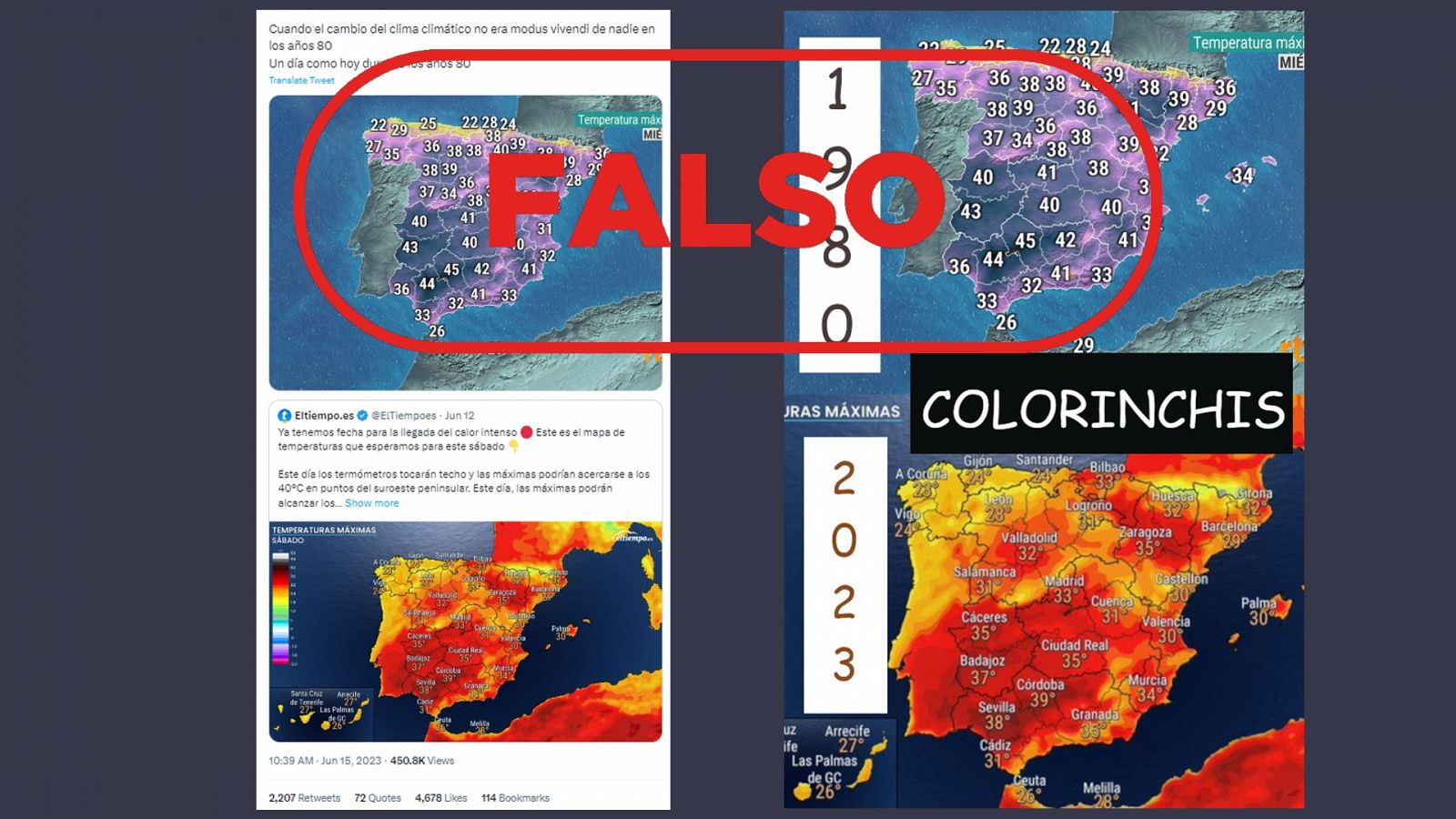 Mensaje de Twitter que difunde un mapa de las temperaturas de España de 2022 como si fuera de los años 80 comparándolo con un mapa de 2023, con el sello 'Falso' en rojo