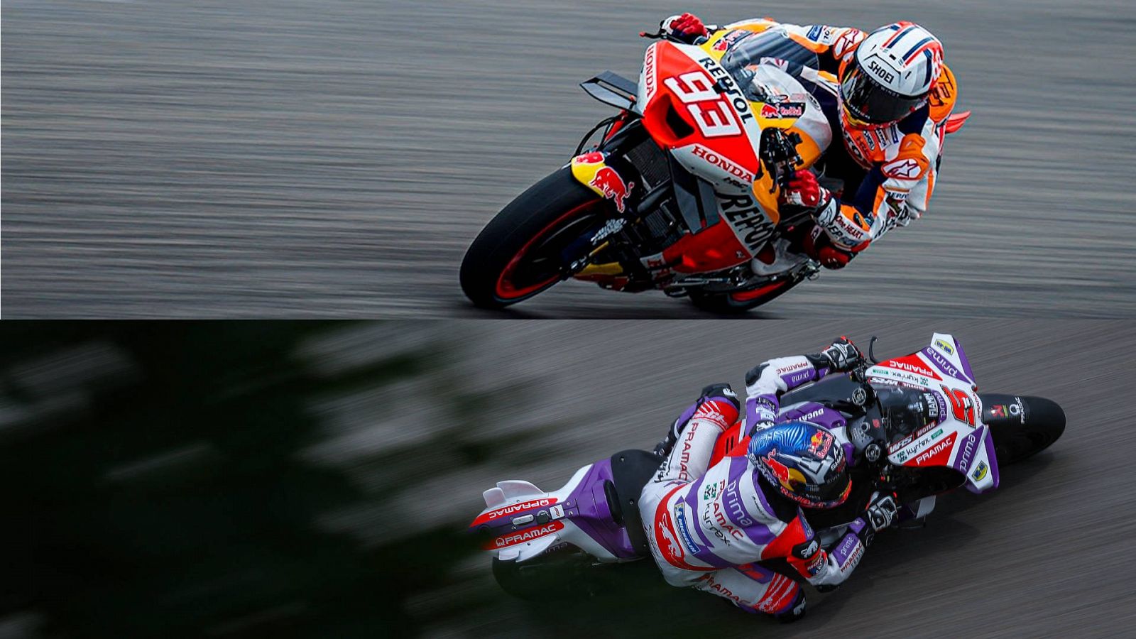 Fotocomposición con Marc Márquez (arriba) y Johann Zarco en acción en Sachsenring