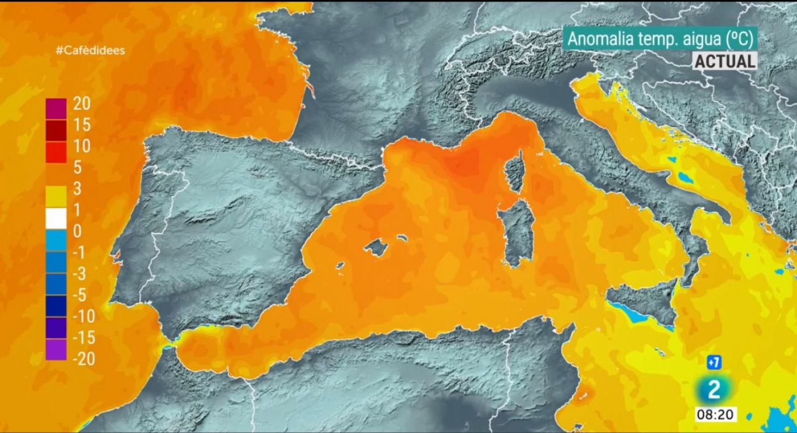 Anomalia temperatura aigua mar Mediterrani Occidental (ºC)