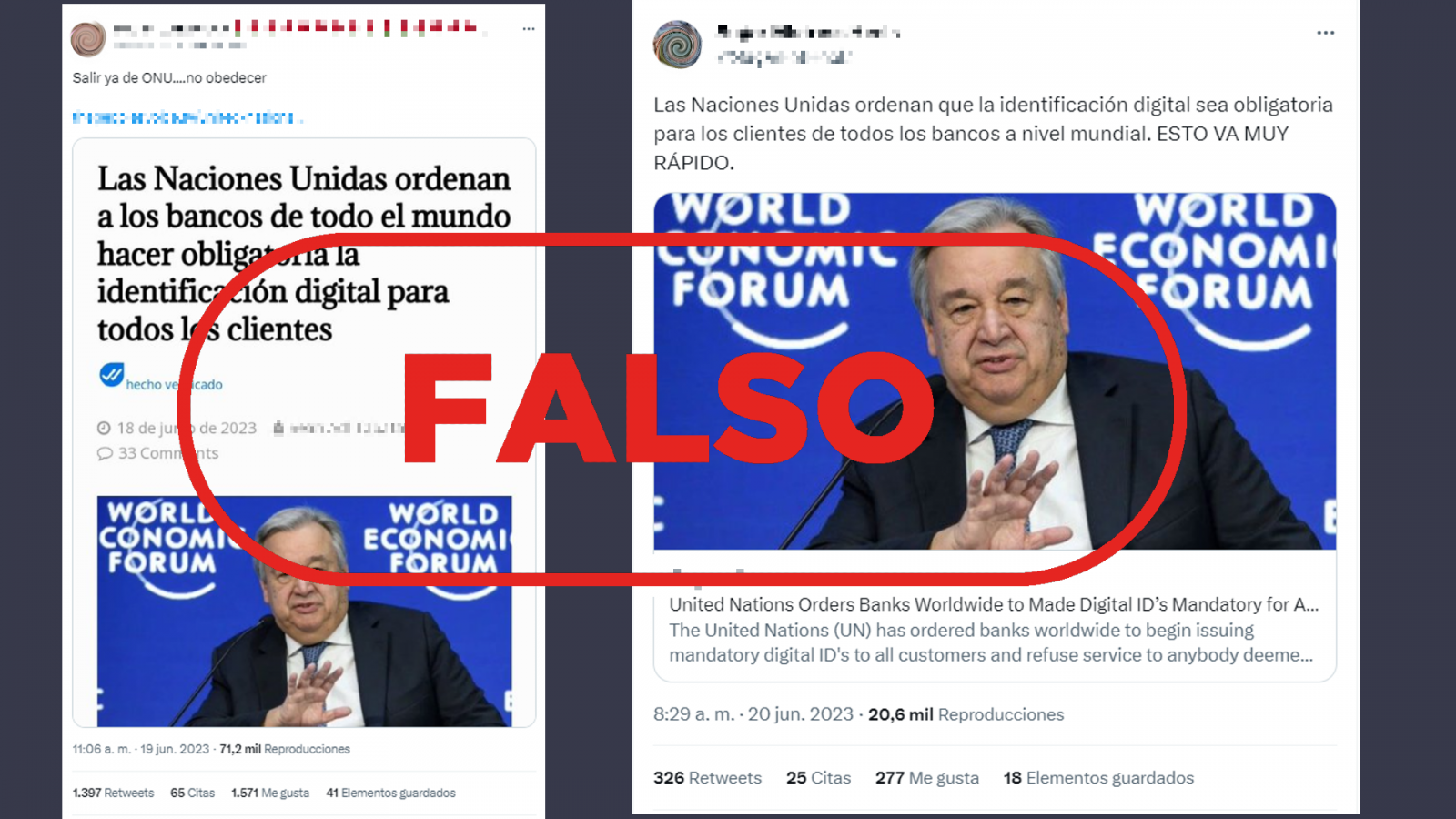 Mensajes de Twitter que difunden la falsa idea de que la ONU obliga a los bancos a identificar digitalmente a sus clientes, con el sello falso en rojo de VerificaRTVE