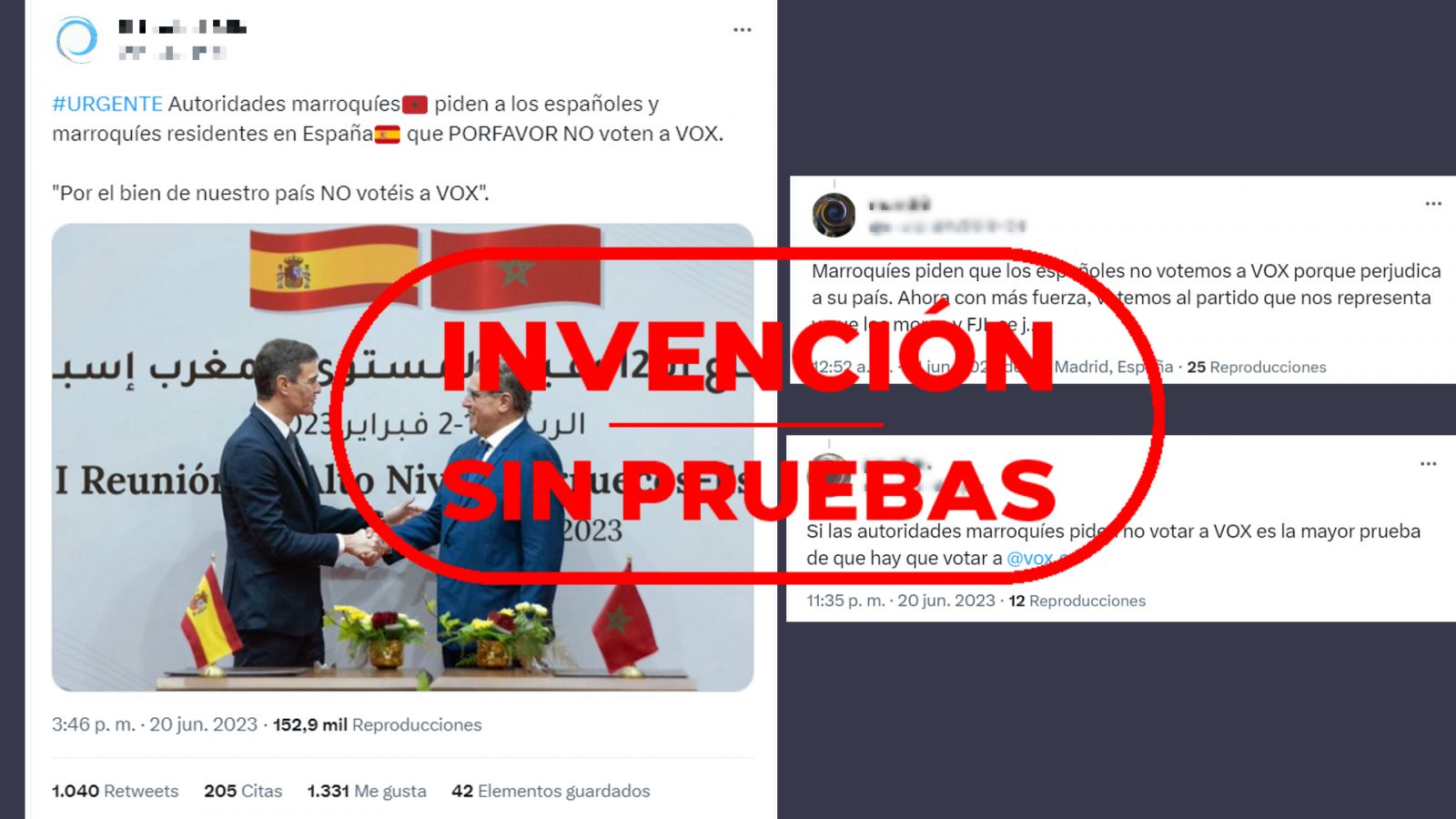 Tuits que difunden la invención sin pruebas que asegura que las autoridades marroquíes están pidiendo que no se vote a Vox, con el sello Invención sin pruebas de VerificaRTVE en rojo