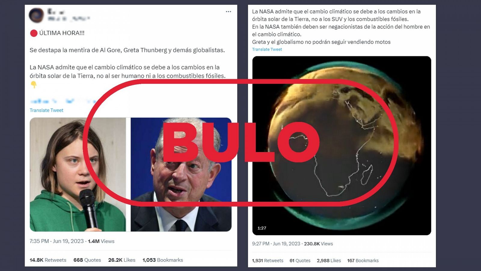 Mensajes que difunden el bulo que afirma que la NASA admite que el cambio climático no lo provoca el hombre, con el sello Bulo de VerificaRTVE en rojo