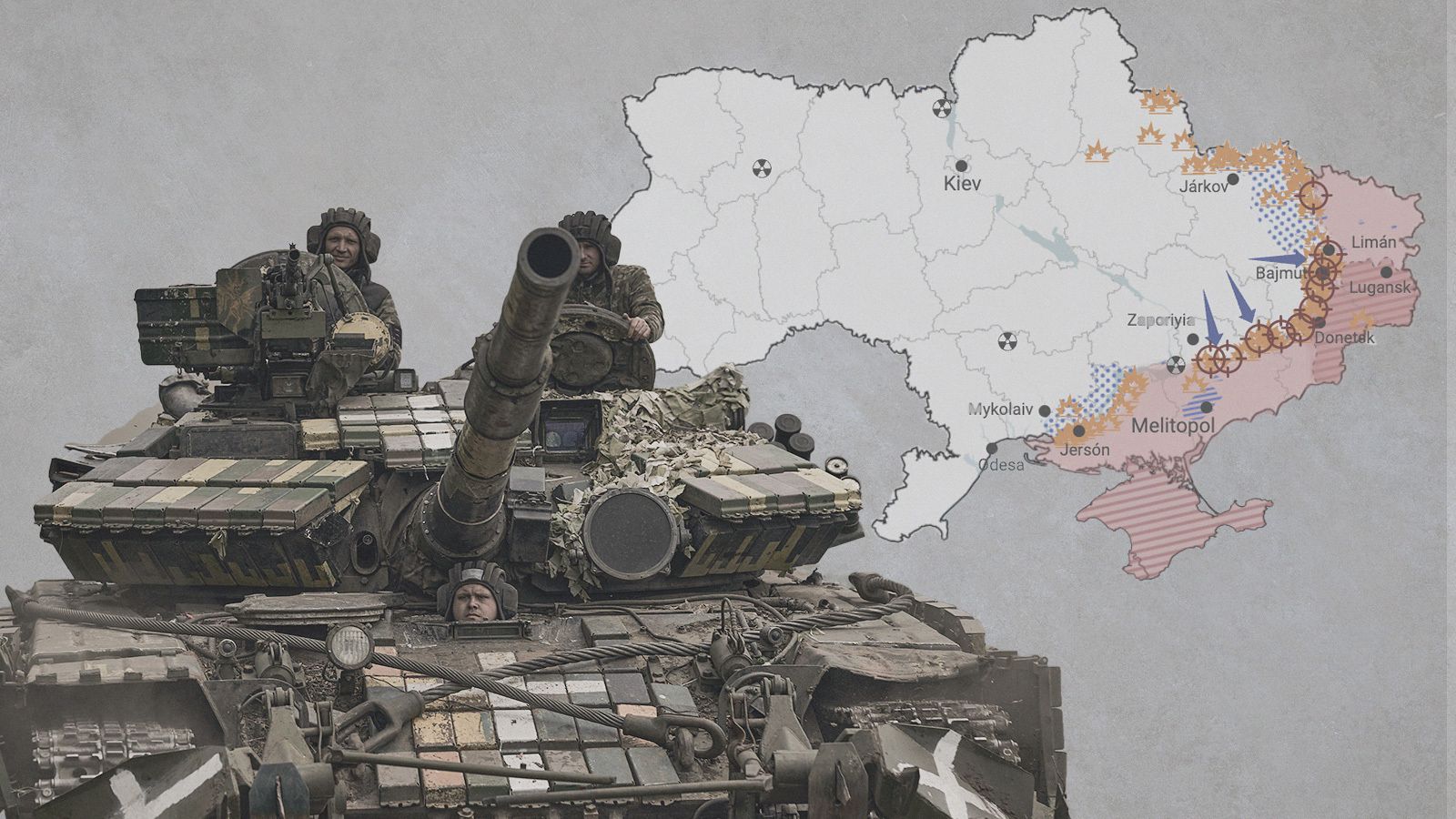 Mapa de la guerra en Ucrania: Soldados ucranianos en un tanque se desplazan a su posición cerca de Bajmut, en Donetsk.