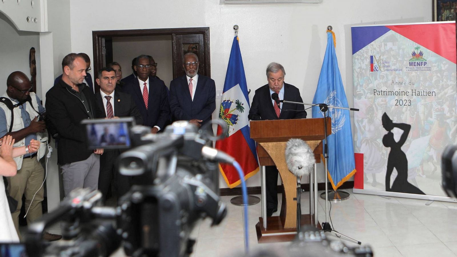 El secretario general de la ONU, António Guterres, durante su rueda de prensa en Haití.