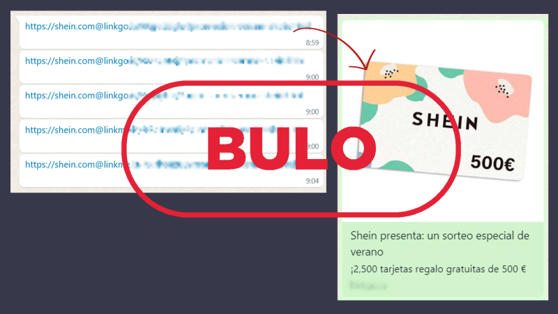 El mensaje fraudulento que suplanta a Shein para ofrecer un falso sorteo, con el sello bulo en rojo de VerificaRTVE