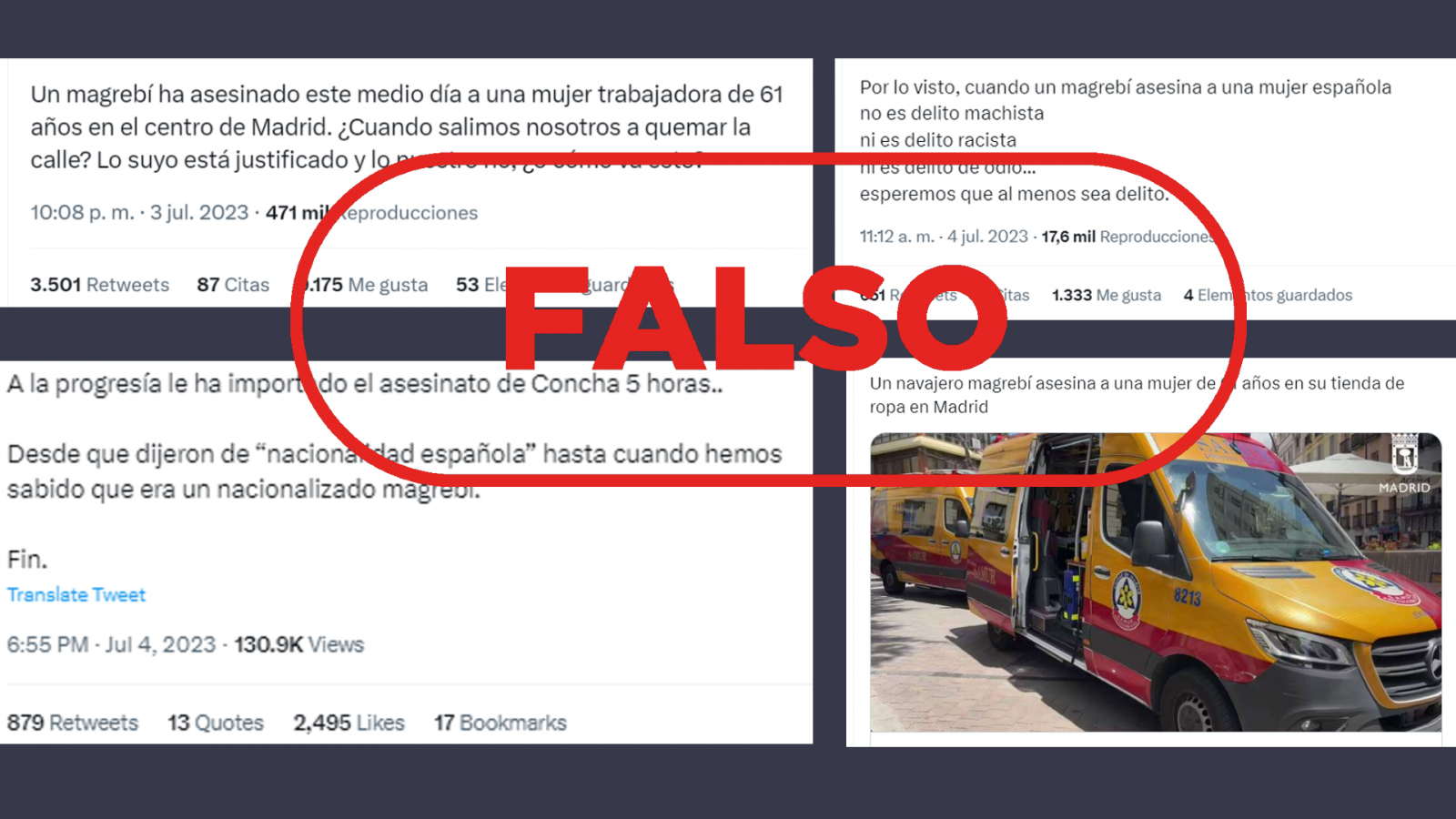 Mensajes de redes que difunden la falsa idea que el detenido por el asesinto en Tirso de Molina es magrebí o magrebí nacionalizado, con el sello de Falso de VerificaRTVE en rojo