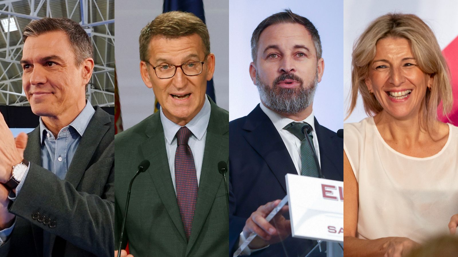 Los candidatos a las elecciones Pedro Sánchez, Alberto Núñez Feijóo, Santiago Abascal y Yolanda Díaz