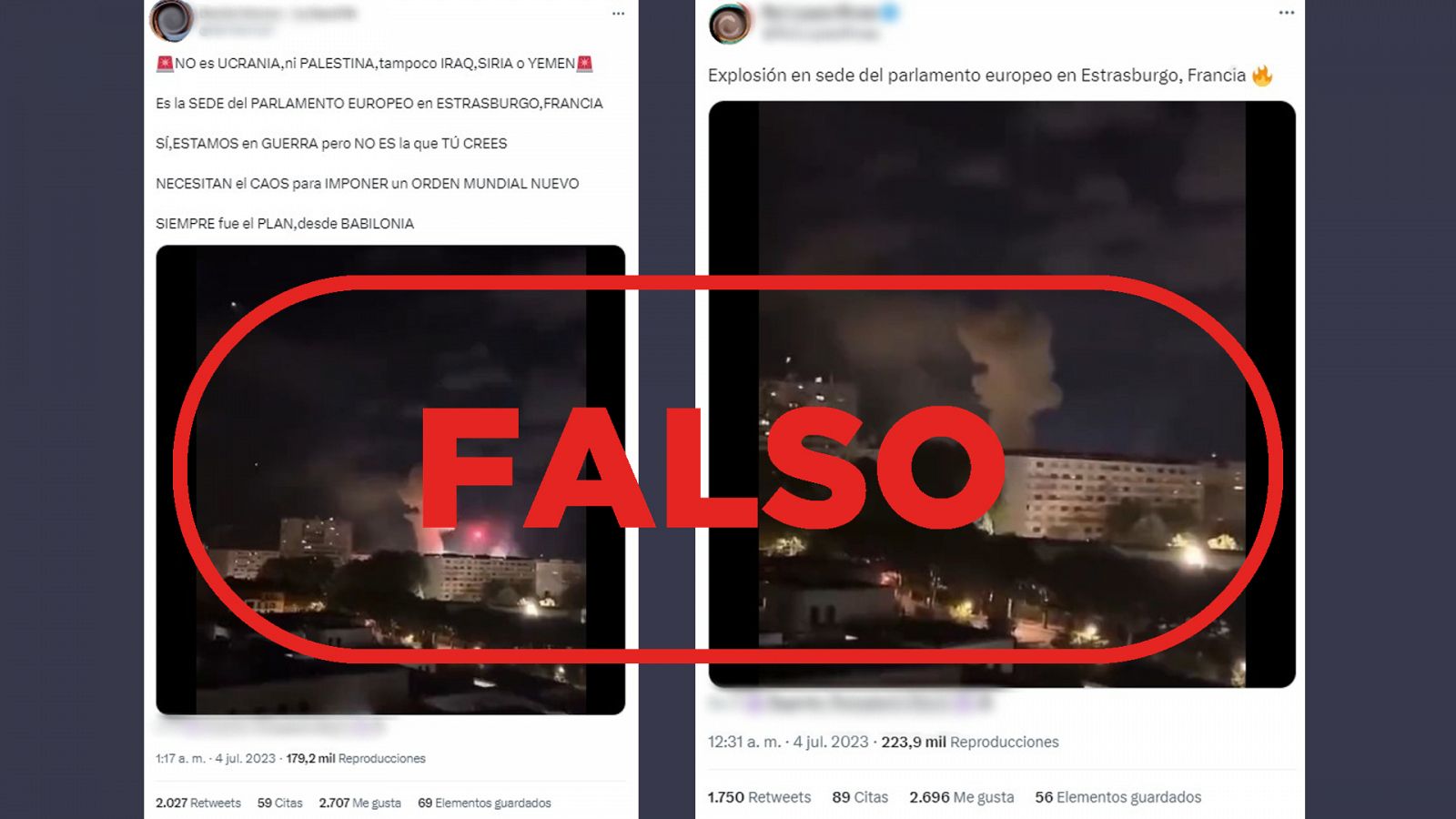Mensajes de redes que difunden la falsa idea de que la sede del Parlamento Europeo en Estrasburgo ha registrado una explosión, con el sello de Falso de VerificaRTVE en rojo