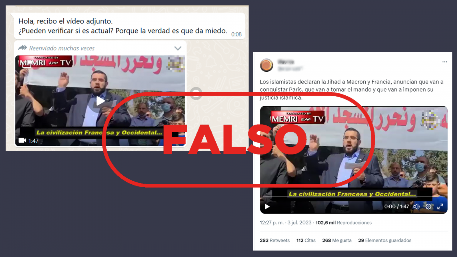 Mensajes de redes que difunden como si fuera actual el vídeo de un islamista que amenaza con conquistar París, con el sello Falso de VerificaRTVE en rojo