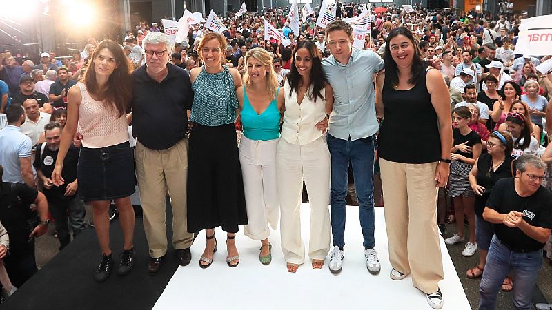 Díaz ha reunido por primera vez esta campaña a cargos de Podemos (Isa Serra, i.) y Más Madrid (Íñigo Errejón)