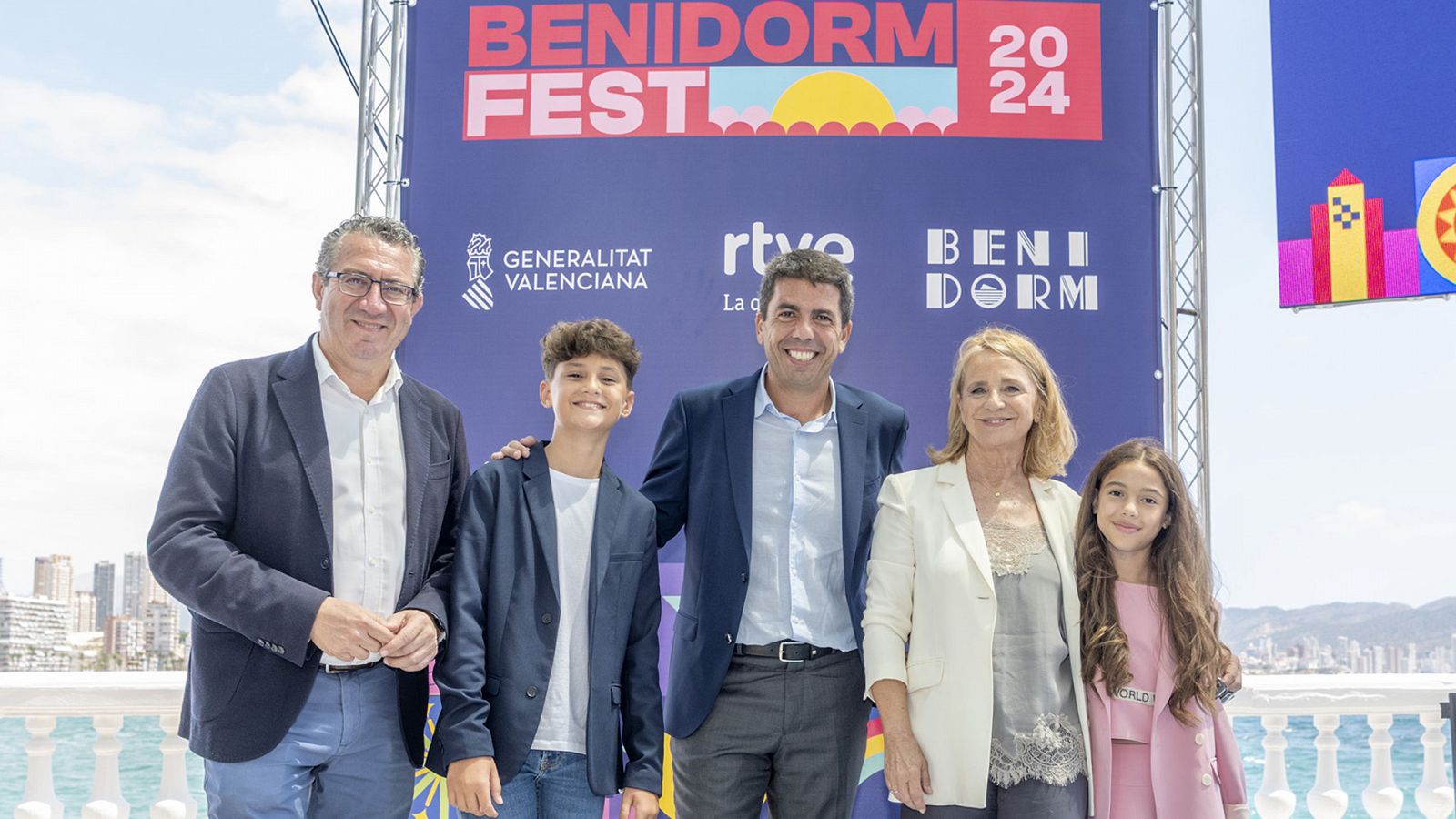Antonio Perez, Carlos Higes, Carlos Mazón, Elena Sánchez Caballero y Sandra Valero en la presentación del Benidorm Fest 2024