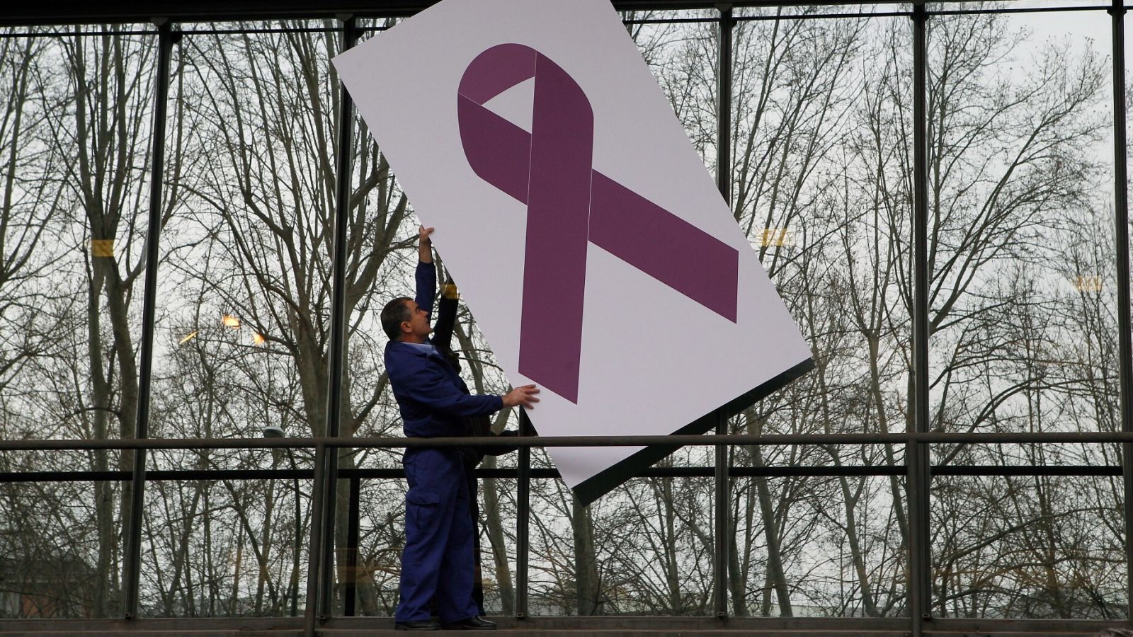 Un operario coloca un lazo morado contra la violencia de género en la fachada del Ministerio de Sanidad, en una imagen de archivo