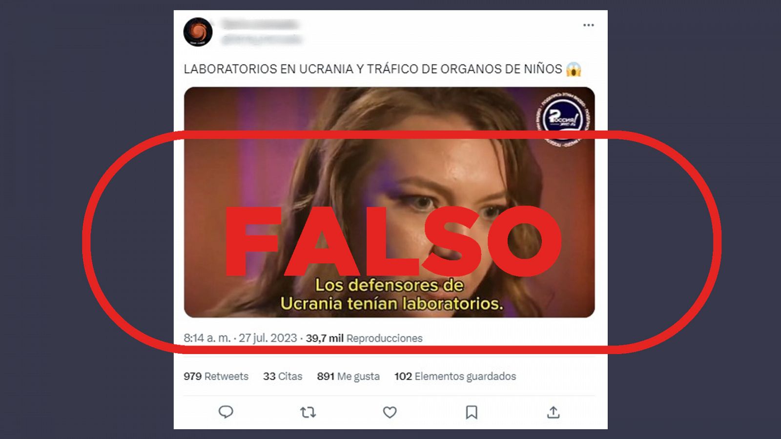 Tuit que difunde el vídeo falso sobre tráfico de órganos de niños ucranianos.Con el sello falso en rojo.