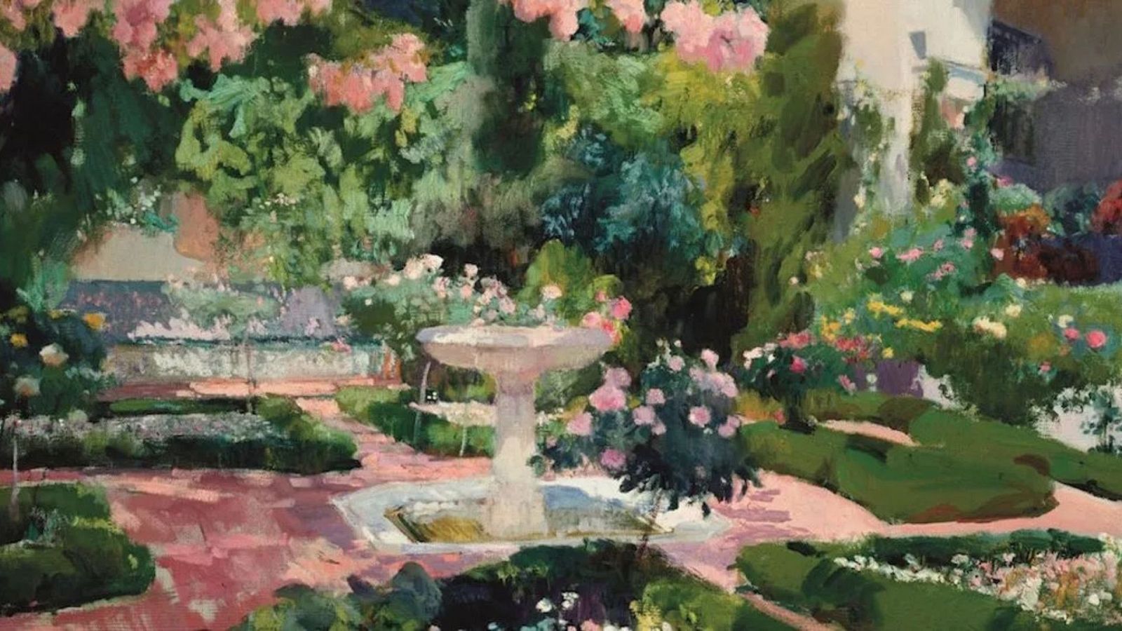Un cuadro de Joaquín Sorolla en el que se ve una fuente rodeada de vegetación, en los jardines de su casa