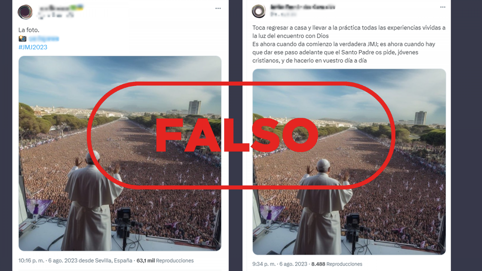 Mensajes de Twitter que comparten la fotografía falsa del Papa Francisco y la sitúan en la JMJ en Lisboa con el sello: Falso