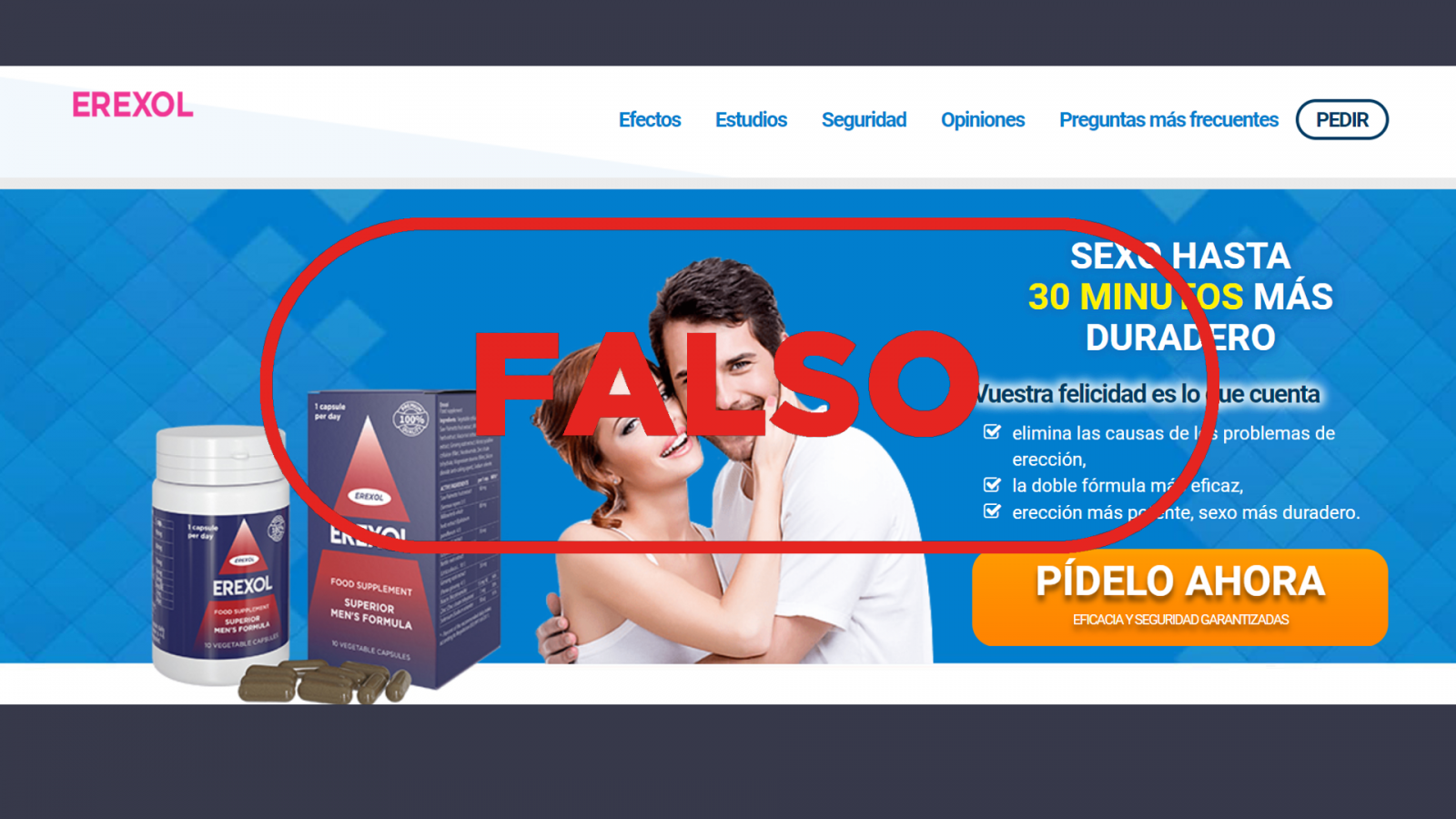 Página web que promociona la venta de un falso remedio para los problemas de erección, con el sello Falso en rojo