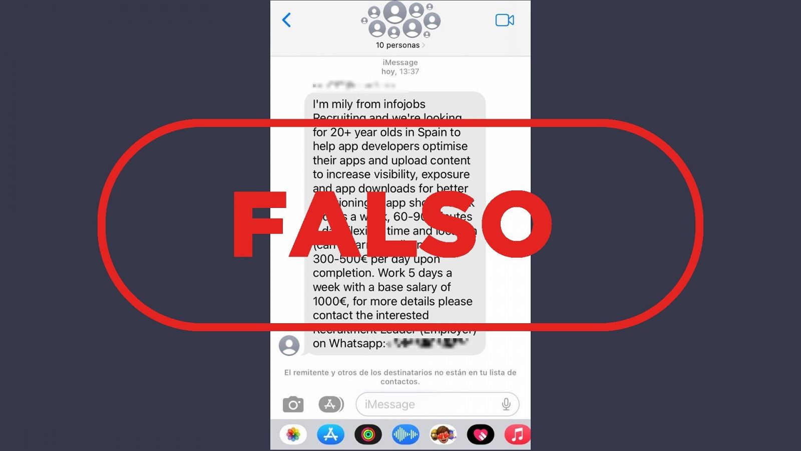 Mensaje en el que suplantan a la empresa Infojobs con el sello: Falso