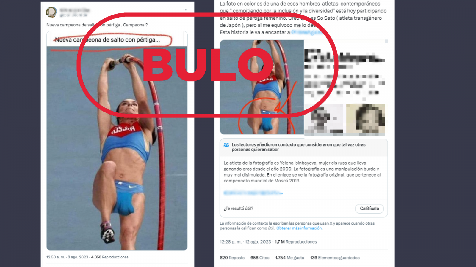 Mensajes de Twitter que comparten la fotografía manipulada, con el sello Bulo en rojo
