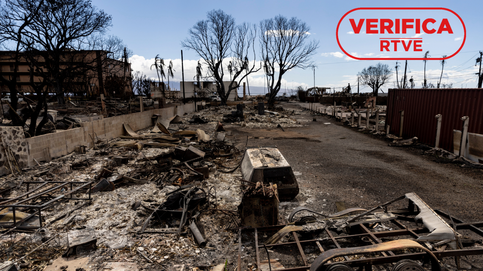 Fotografía del 15 de agosto de 2023 que muestra coches y casas calcinadas después del incendio forestal que arrasó el barrio de Lahaina, Hawái, con el sello de VerificaRTVE en rojo