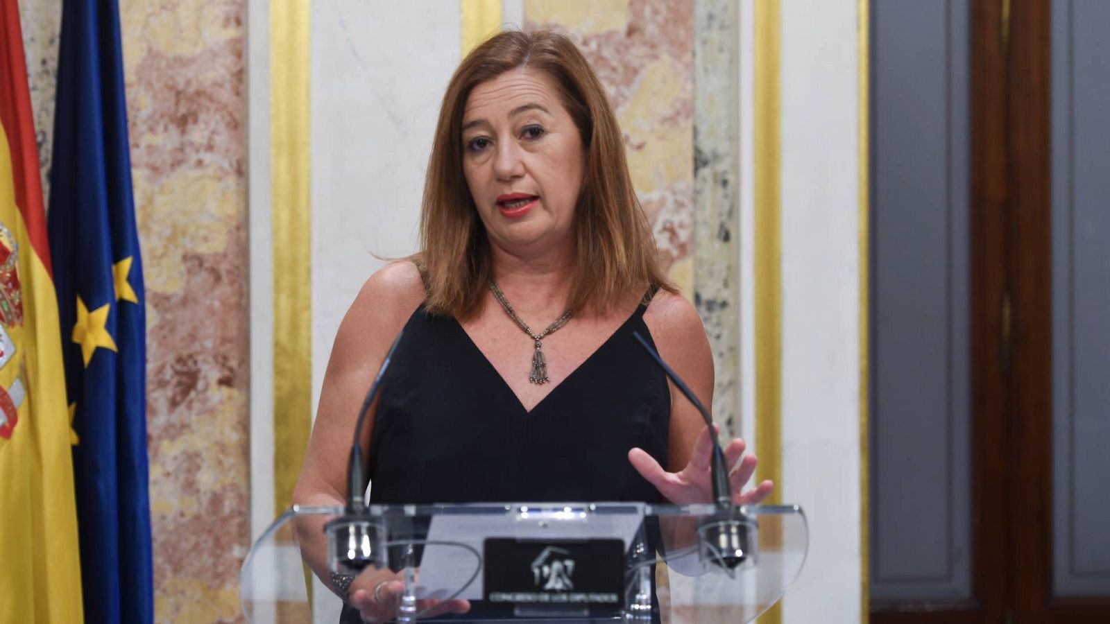 La presidenta del Congreso de los Diputados, Francina Armengol, en la comparecencia en la que ha fijado la fecha de la investidura de Núñez Feijóo. Foto: Gustavo Valiente / Europa Press