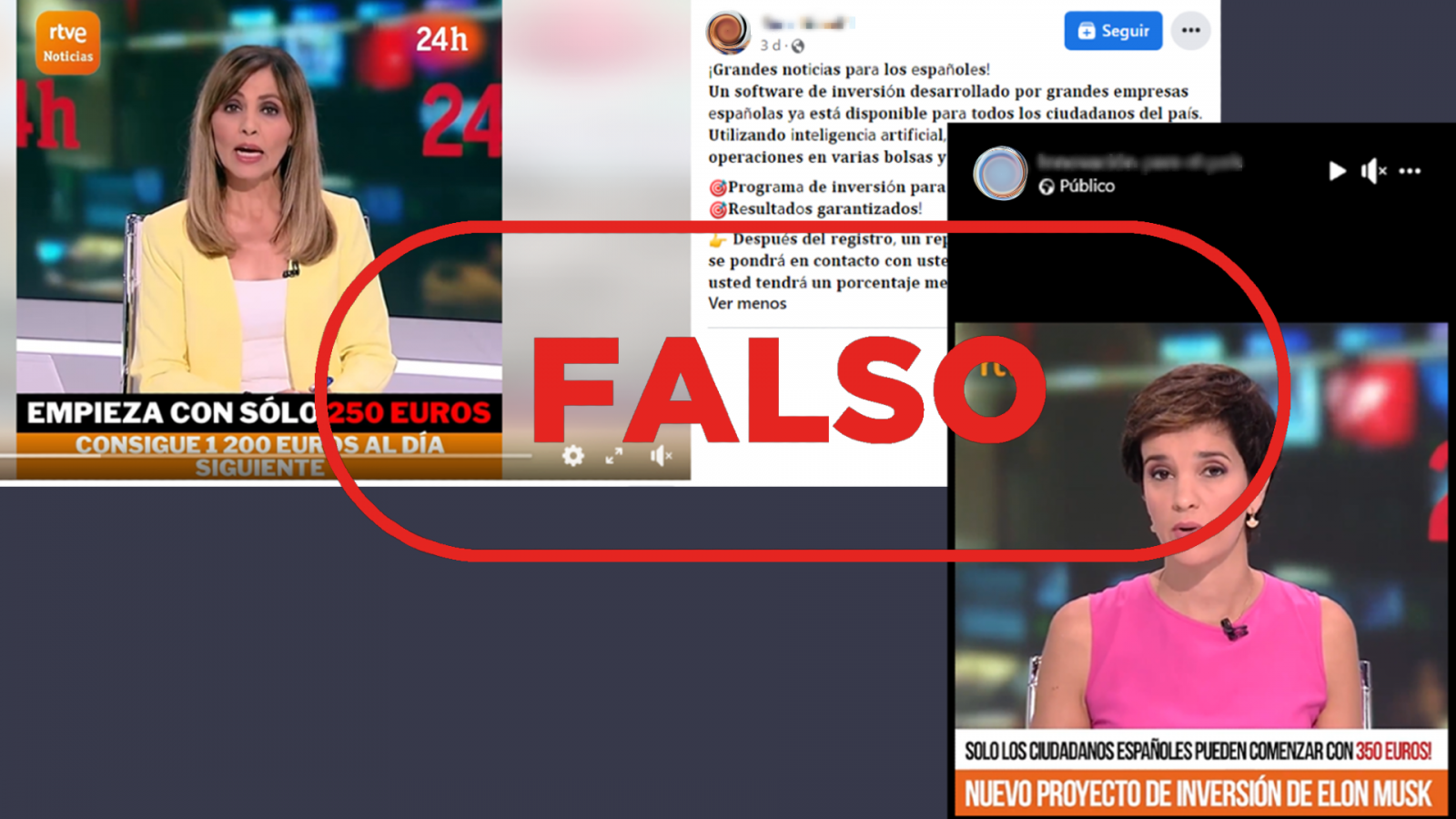 Publicaciones de Facebook que comparten vídeos manipulados en los que suplantan a RTVE para promocionar plataformas de criptomonedas
