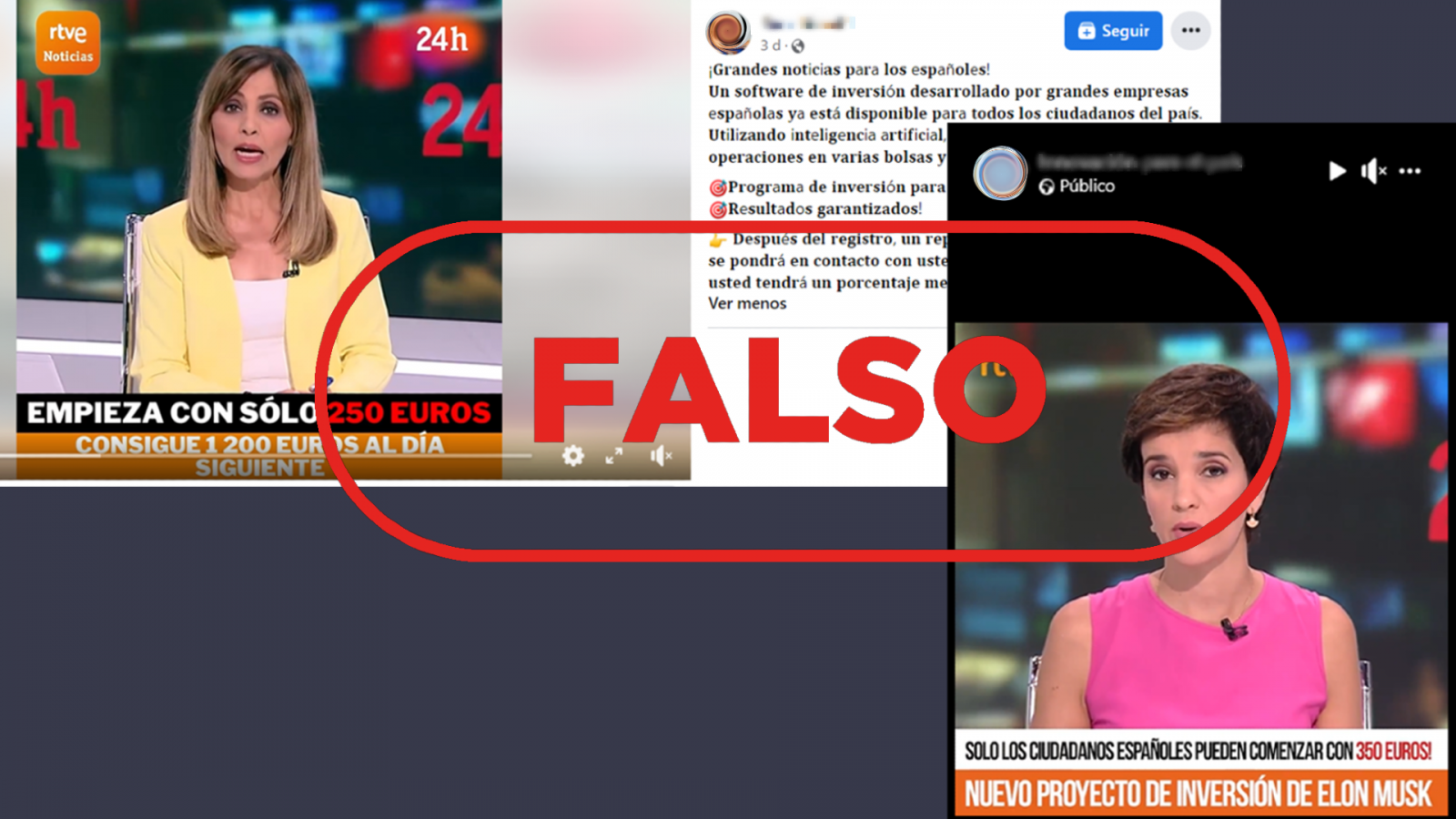 Publicaciones de Facebook que comparten vídeos manipulados en los que suplantan a RTVE para promocionar plataformas de criptomonedas con el sello FALSO en rojo