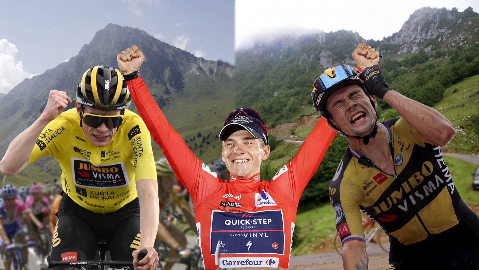 Imagen de los tres favoritos para ganar la Vuelta ciclista a España 2023: Jonas Vingegaard, Remco Evenepoel y Primoz Roglic.