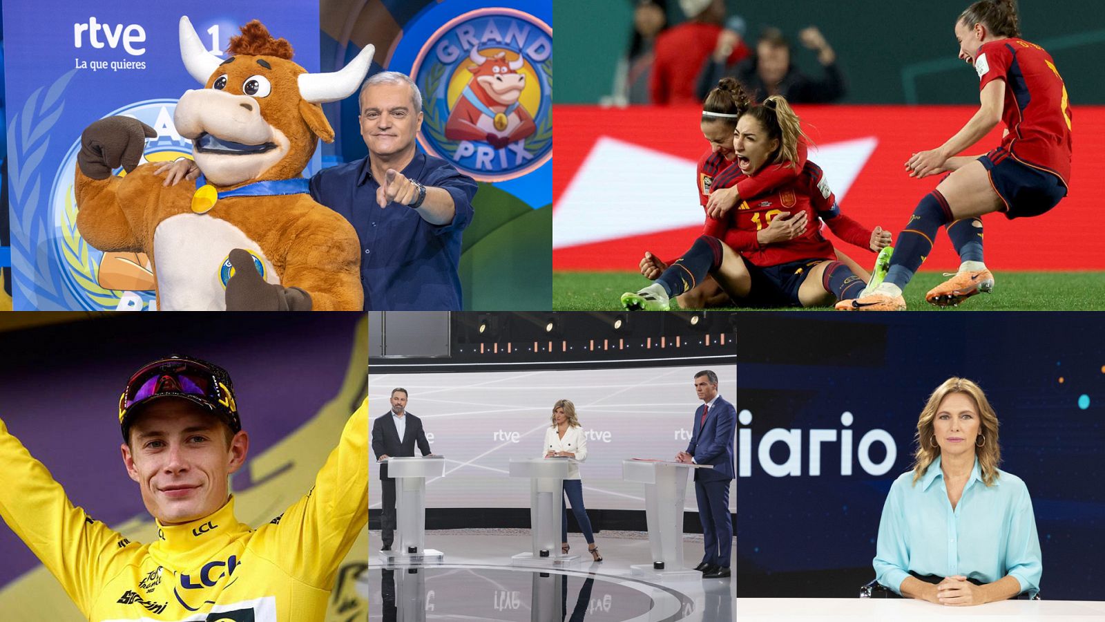 Fotomontaje de 'El Grand Prix del Verano', el Mundial femenino de fútbol, el Tour de Francia, los Telediarios y '23J, del debate final'