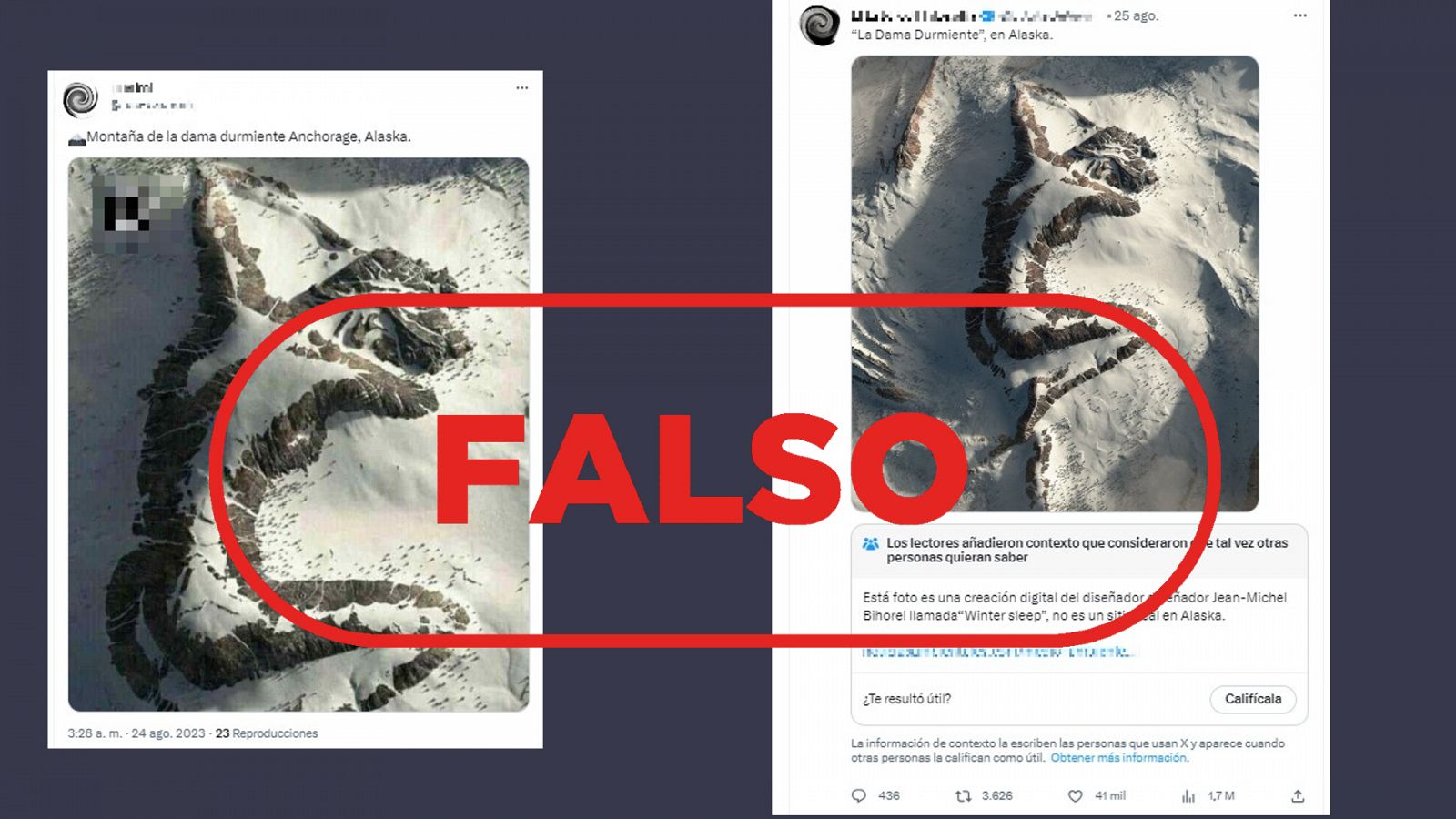 Mensajes que difunden la falsa idea de que la imagen de una montaña nevada con una silueta de mujer es real, con el sello FALSO en rojo.