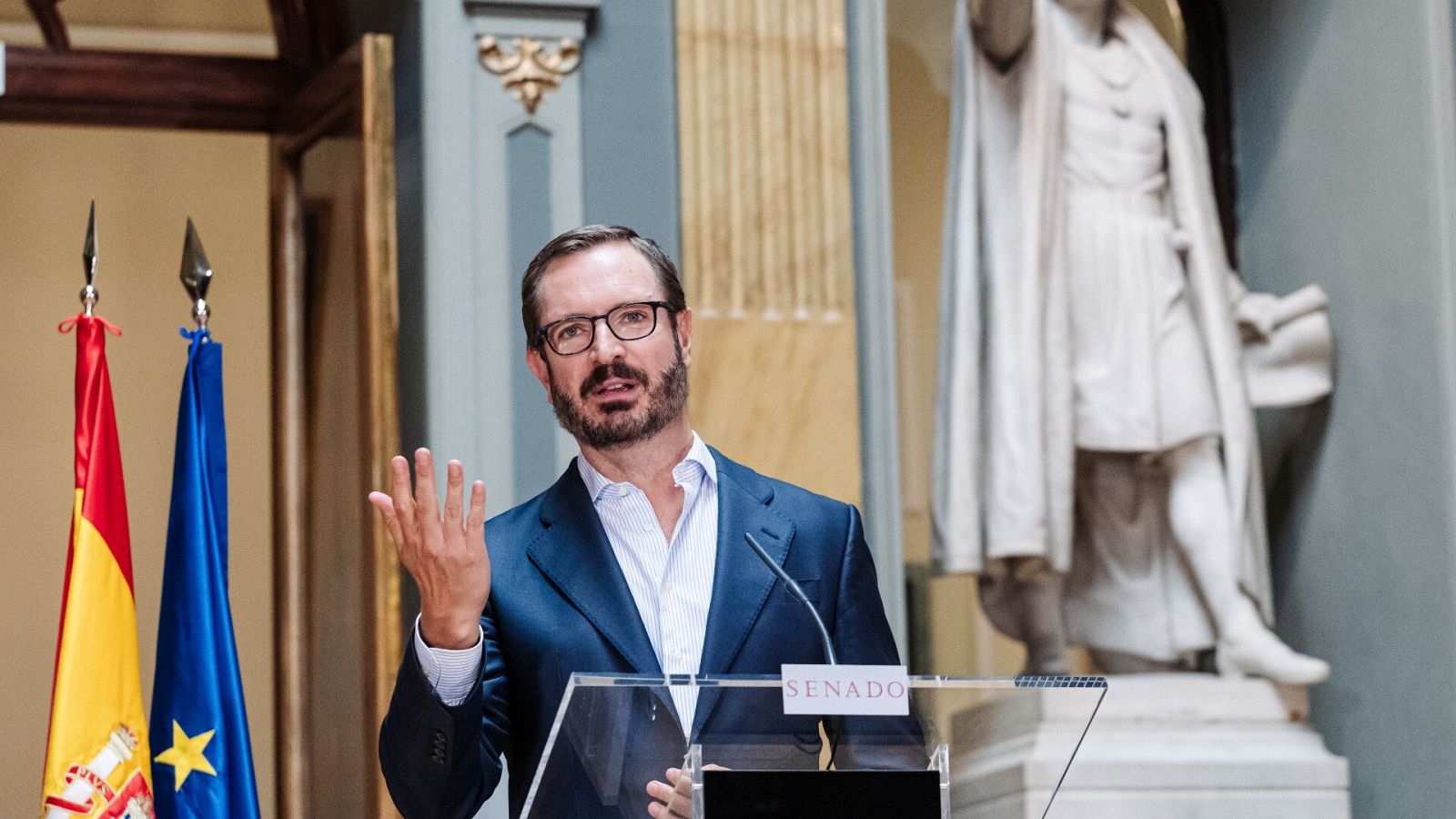 El vicepresidente primero de la Mesa del Senado, Javier Maroto, del PP, en rueda de prensa este martes