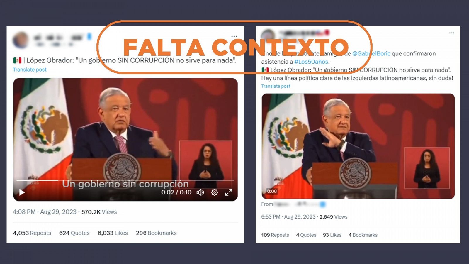 Mensajes de redes que difunden el vídeo descontextualizado de las declaraciones de López Obrador con el sello: Falta contexto